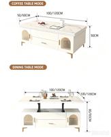 Table de salon multifonctionnelle moderne style crème, relevable, pliable et mobile 2-en-1, pour café et repas, personnalisable OEM ODM