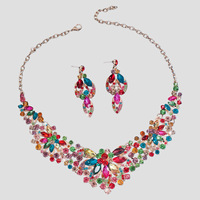 Ensemble collier et boucles d'oreilles en alliage de strass colorés de luxe, accessoires vintage pour robe de mariée et de bal