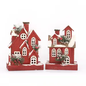 圣诞新品木质红色发光小木屋节日装饰用品场景布置装饰装饰