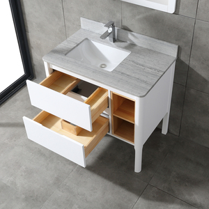White Modern Solid Wood Bathroom Vanity with White Frame <b>Mirror</b> Grey Stone Top 2 Drawers Side Open Storage Shelves Freestanding - Product Image 5