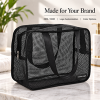 Sac de toilette en maille noire avec logo personnalisé, poignées de transport, grande capacité, égouttoir rapide, pour salle de sport et voyage, OEM ODM, vente en gros
