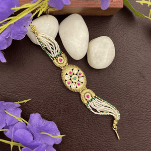 Bracelet à breloques traditionnel en laiton plaqué or pour femme, bijoux ethniques de style temple, chaîne florale Kundan de créateur, cadeau - Product Image 4
