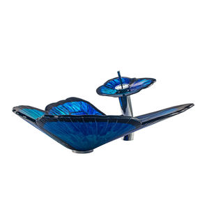 Lavabo navire en verre, salle de bain, évier bleu en forme de papillon, peinture à la main - Product Image 3