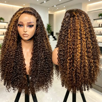 Couleur piano sans colle # Perruque Cheveux Humains Bouclés Crépus P4/27, Densité 200%, Perruque Frontale en Dentelle HD Transparente 13x4, Perruque Humaine Bouclée avec Mèches