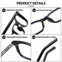 Lunettes anti-lumière bleue Sunray OEM personnalisées, monture carrée TR pleine, verres transparents, rivets en forme de flèche, charnière métallique, double point.
