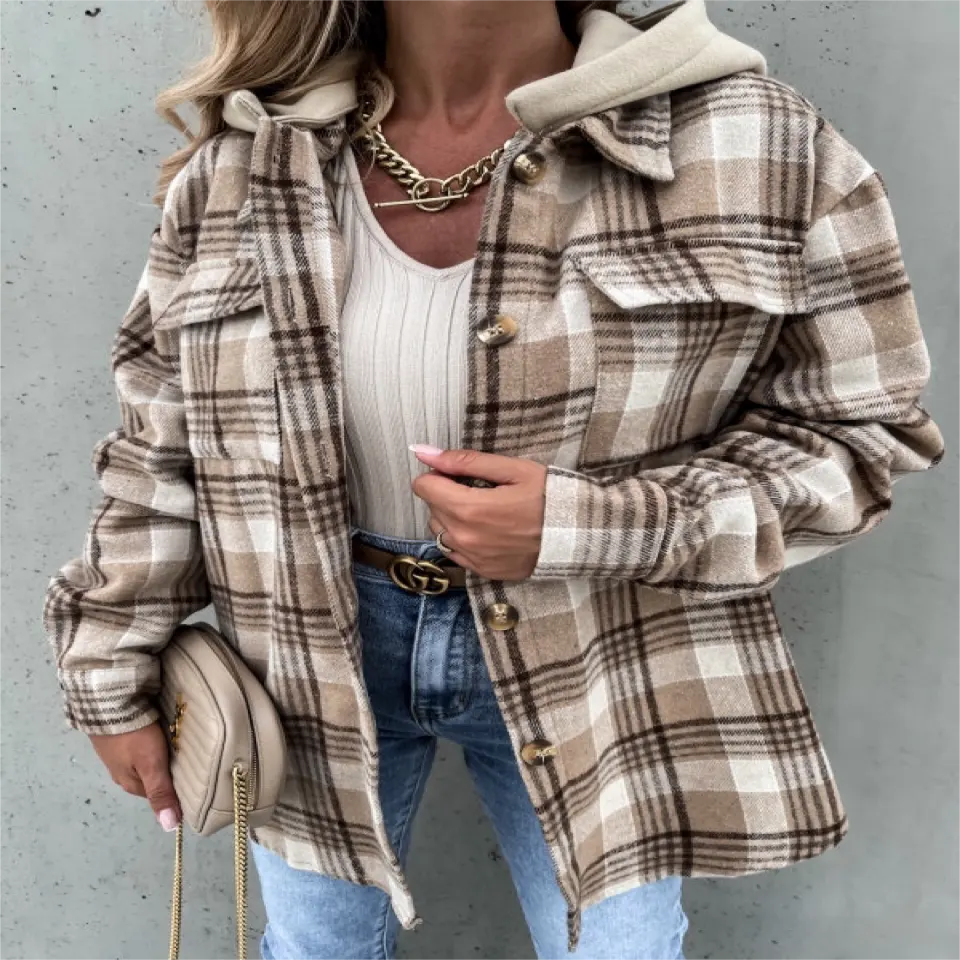DD201 Hot Sale Plaid Trench Coat Women Long Sleeve Hooded Detachable Button Down Shirt Shacket jackets