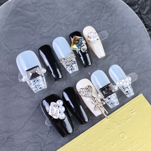 Wholesale Handmade Acrylic Full-Cover Coffin Shape False <b>Nails</b> Pre-Designed Pink/White Gradient Rhinestone Design Long Tips - Product Image 2