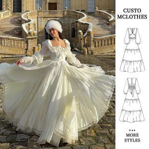 Abito Lungo Elegante da Donna con Scollo Quadrato, Maniche Lunghe a Sbuffo, Vita Aderente, Stile Swing - Product Image 1