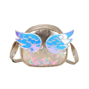 Kid Girls Zipper Shoulder Bag Toddlers Sweet Style Creative Wing Decoration Drift Sand Laser Messenger Bag