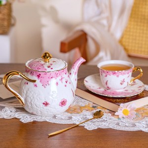 Ceramic Tea Set Floral Embossed <b>Teapot</b> with Two <b>Cups</b> and Saucers <b>for</b> Afternoon Tea - Product Image 4