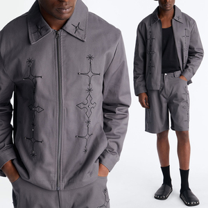 KingSen Wholesale <b>Gothic</b> Embroidery 2 Piece Men Set Heavyweight Twill Cotton Zip Up <b>Jacket</b> Shorts Casual Outfit Streetwear - Product Image 1