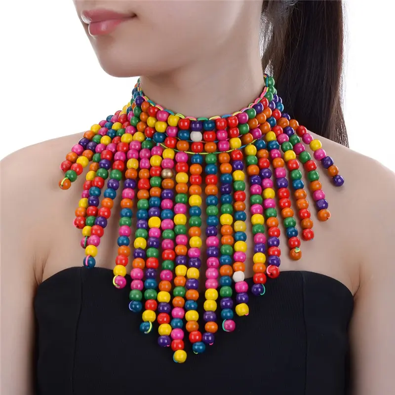 Bohemia Wooden Beaded Necklaces For Women Statement Multicolor Beads Long Pendant Tassels Bib Choker Necklace Handmade Jewelry