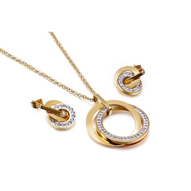 Stainless Steel Jewelry Gold Color Double Ring Interlocking Rings Set Diamond Necklaces Earring Jewelry Set