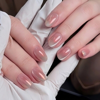 Faux ongles minimalistes ovales nude à presser, effet irisé aurore miroir scintillant