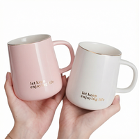Tasse à café ou à thé en porcelaine de style minimaliste nordique 430 ml avec cuillère, bordure dorée, design par sublimation, couvercle écologique, cadeau de voyage ou de rentrée scolaire