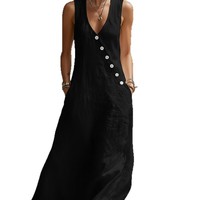 Robe longue décontractée en lin et coton à col en V et boutonnée sur le devant, sans manches, épaules dénudées, collection Printemps/Été 2026
