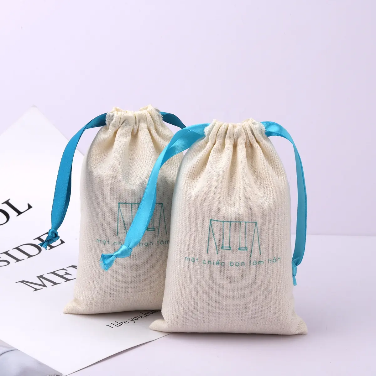 Custom Logo Printing Cotton Linen Cosmetic Drawstring Bag Gift Jewelry Makeup Cotton Muslin Pouch