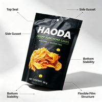 Sachets refermables personnalisés en aluminium et plastique de qualité alimentaire pour chips, noix et cacahuètes, anti-humidité et préservant la fraîcheur, conception gratuite