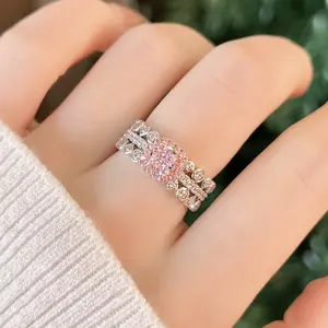 Anel de diamante rosa joia aliança de casamento fantasia de noivado anel de pedra de zircônia rosa