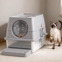 Bac à litière intelligent pour chat en acier inoxydable avec couvercle rabattable, facile à nettoyer, anti-déversement de sable, grande capacité