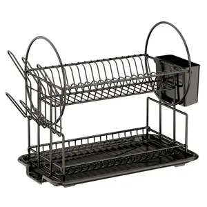 Matte Black Kitchen Dish Drying Rack Utensils Cutlery Strainers Carbon Steel Dish Rack with Glass Holder