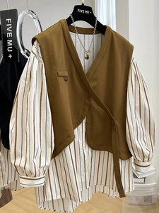 Boutique al por mayor 2024 otoño nueva <span class=keywords><strong>camisa</strong></span> de manga larga de moda falsa de dos piezas <span class=keywords><strong>camisa</strong></span> de <span class=keywords><strong>mujer</strong></span> adelgazante - Product Image 3