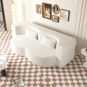 Modern Beige Floor <b>Sofa</b> Teddy Fabric Sponge-Filled Pillows Convertible 15" Full Size Folding Sleeper <b>Bed</b> Living Room - Product Image 6