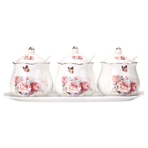<span class=keywords><strong>Set</strong></span> Vintage di 3 Pezzi in Ceramica Porcellana con Motivi Floreali: Zuccheriera, Lattiera e Ciotola per Condimenti con Coperchio e Cucchiaio, Vassoio per Caffè, Tè, Spezie e Sale - Product Image 1