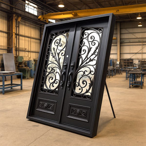 Porte moderne double en <span class=keywords><strong>fer</strong></span> <span class=keywords><strong>forgé</strong></span> avec verre dépoli, résistante aux impacts d'ouragan, pour entrée extérieure, cuisine extérieure et applications commerciales - Product Image 1