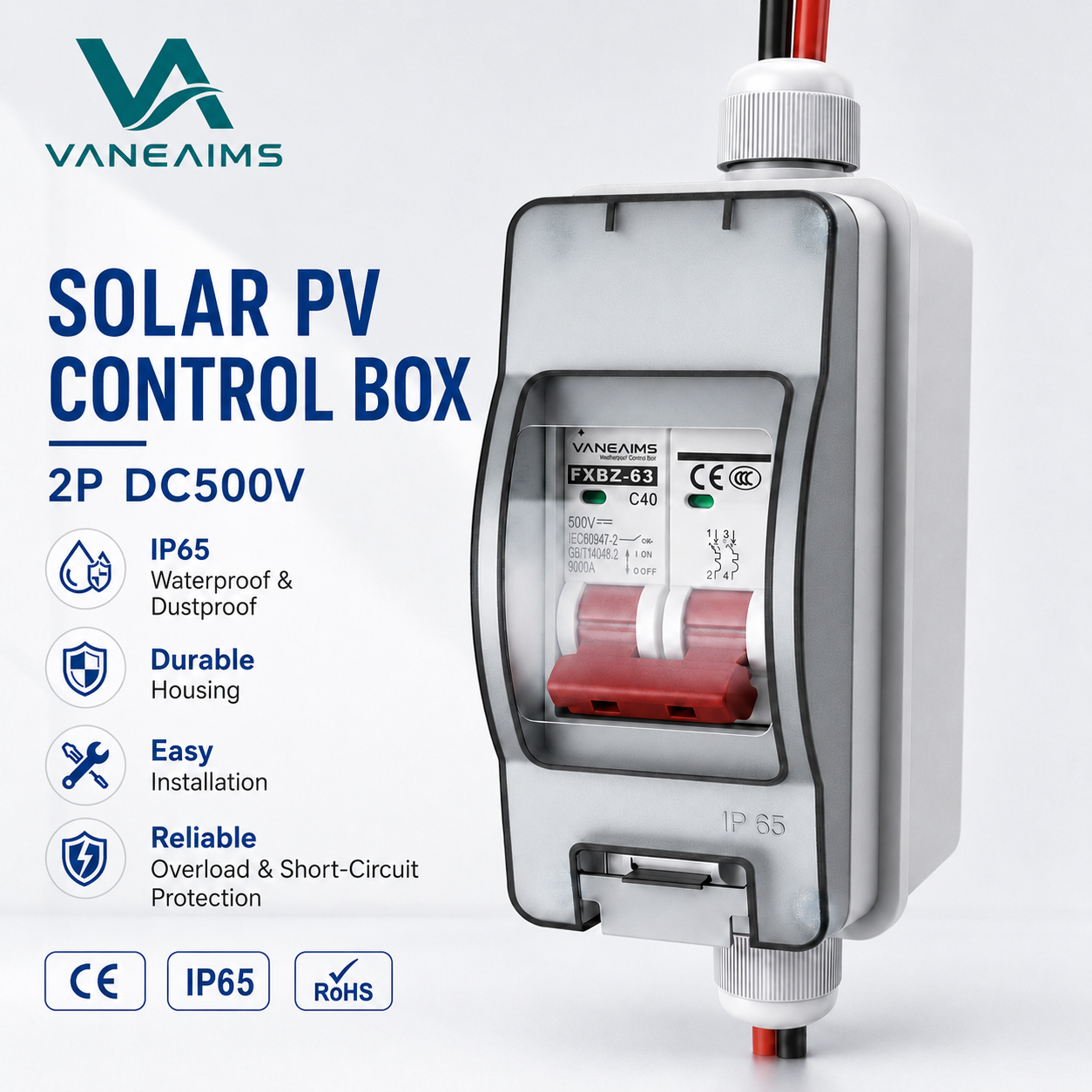 Vaneaims IP65 DC500V 1in 1out 16/20/32/40/50/63A Solar Panel Circuit Breaker PA66 Junction Box 1sting Solar Disconnect MCB Type · image 6