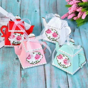 Boîte à <span class=keywords><strong>dragées</strong></span> motif théière florale avec ruban pour mariage, cadeau, bonbonnière, sacs cadeaux pour l'heure du thé, anniversaire, fête - Product Image 1
