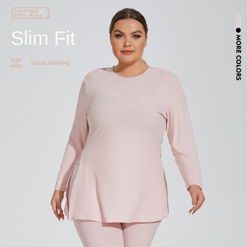 Women's Plus Size Long Sleeve Sports Top Lightweight Casual Hood Front Logo Yoga Fitness T-Shirt Slim Hem Side Split Print