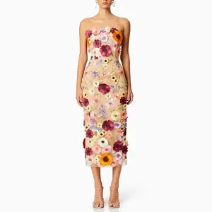 Bettergirl moda 3D çiçek nakış yüksek bel seksi uzun elbise kadın giyim 2023 ince parti zarif kadın elbiseleri