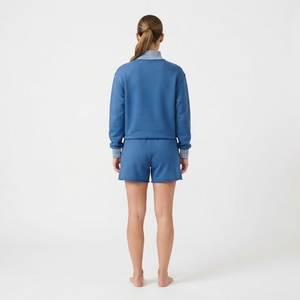 Conjunto de sudadera y pantalones cortos de punto a cuadros para mujer, conjunto informal de ropa de descanso con cuello simulado. - Product Image 6