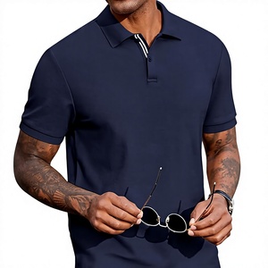 Polo à manches courtes pour homme, bleu marine, couleur unie, respirant, tricoté, décontracté, tissu piqué, design boutonné - Product Image 1