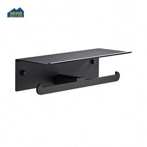 Porte-papier toilette multifonctionnel en acier inoxydable antirouille, support mural en métal noir adhésif pour hôtel, salle à manger, salle de bain - Product Image 4