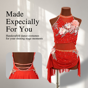 Costume de danse lyrique floral rouge, robe de scène asymétrique, justaucorps de gymnastique rythmique personnalisé avec strass pour filles - Product Image 1