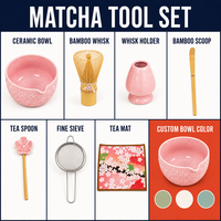 Ensemble de thé matcha Sakura personnalisable de 8 pièces, bol en céramique, fouet, cuillère, passoire, boîte cadeau pour cérémonie du thé