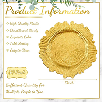 Assiettes de présentation décoratives dorées de 13 pouces, en plastique, à motifs floraux perlés, pour mariage, en gros, pour dîner