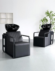 Bac à shampoing en céramique pour salon de coiffure, design contemporain, avec chaise en cuir PU et structure métallique - Product Image 3