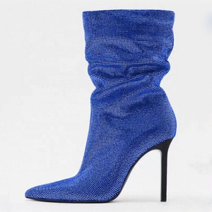 Botines de tacón de aguja con punta fina y diamantes plisados, botines cortos de invierno con pedrería brillante para mujer - Product Image 6