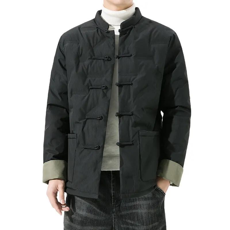 남성 eiderdown 스탠드 칼라 따뜻한 다운 재킷 남성 당나라 정장 코트 중국 스타일 겨울 코트