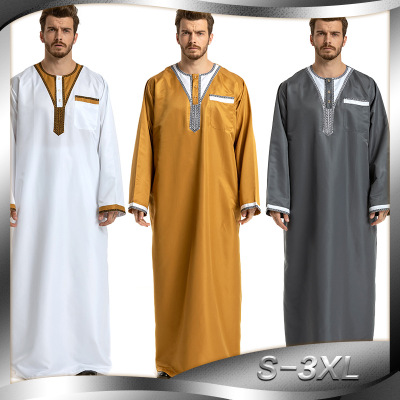 Loose Patchwork Arabic Islamic Dubai Clothing Mens Fashion Robes Long Sleeve Round Neck Muslim Kaftan Robes dress