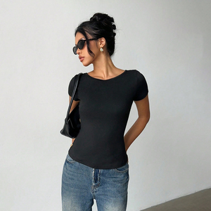 Women's Sexy <b>Back</b> <b>T</b>-Shirt with Solid Color Lace Cut-Out-Summer Eco-Friendly Breathable Stretch Knit Casual Short Sleeve - Product Image 5