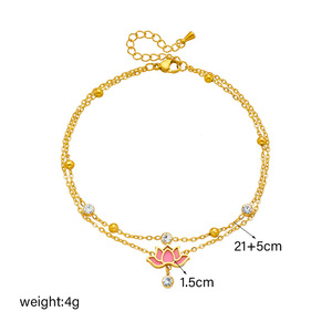 Chaîne de cheville double couche rose lotus en émail et perles rondes en cristal, bijou délicat pour femme, idéal pour l'été et la plage, vente en gros - Product Image 5