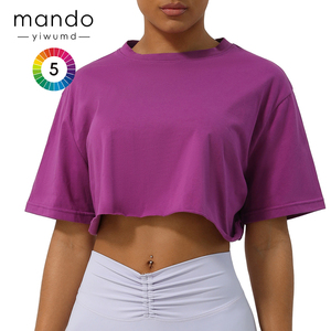 Hot Selling Outdoor Weiblich Kurzarm Weiß Schwarz Laufen Kurz geschnittene T-Shirts 100% Baumwolle Rundhals ausschnitt Loose Gym Top - Product Image 4
