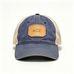 Custom Washed 100% Cotton Canvas Trucker <b>Hat</b> Leather Patch ACE Logo Breathable Mesh Back Vintage Trucker Cap Outdoor <b>Summer</b> - Product Image 2