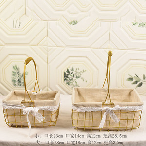 <b>Wire</b> <b>Basket</b> With Linen Lining Gold Handle Round Shape For Decorative Use - Product Image 5