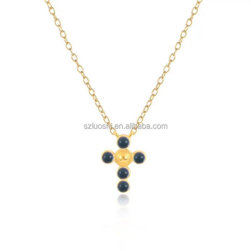 2024 s925 sterling silver 18k gold plated cubic zirconia blue pink cross design fashion necklace for woman ladies