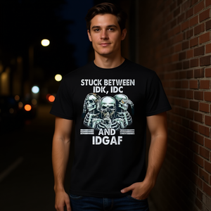 T-shirt Stuck Between Idk Idc And Idgaf Skeleton, noir, unisexe, taille adulte - Product Image 3